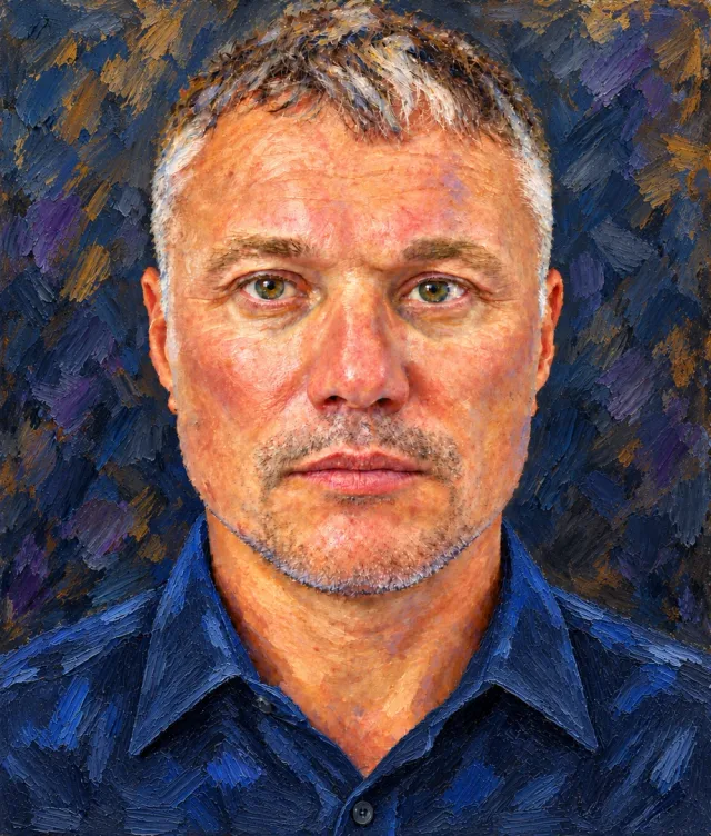 Художественный портрет Андрея в тёмно-синей рубашке